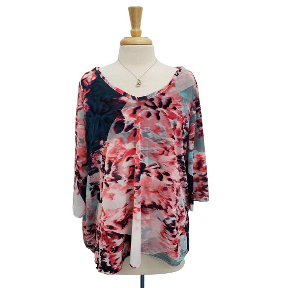 Jennifer Lopez Women 2X Pink Floral Sheer Overlay Blouse V-Neck Asymmetrical Top - Picture 2 of 15